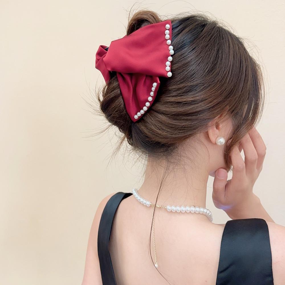 

Soft Satin Gripped Clip Pearl Big Bow Knot Hair Claw Daily Fabric Shark Hair Clip Work