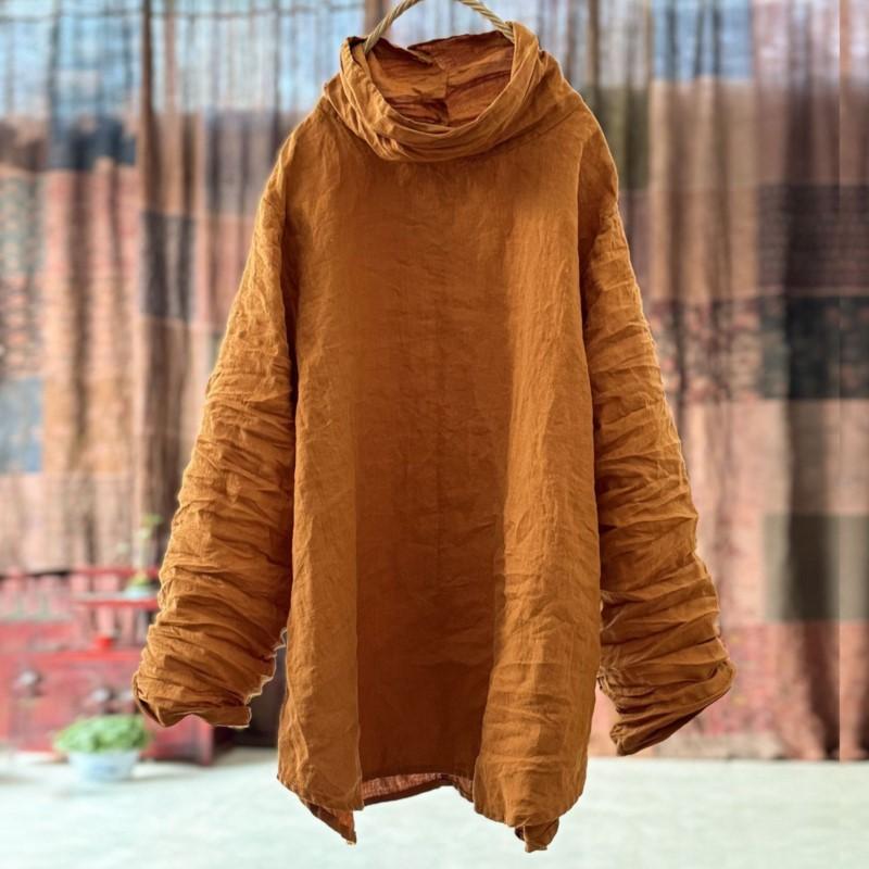 

Johnature Женские футболки Однотонные Водолазка Длинный рукав Весна Винтаж Женские Свободные футболки One Size оранжевый