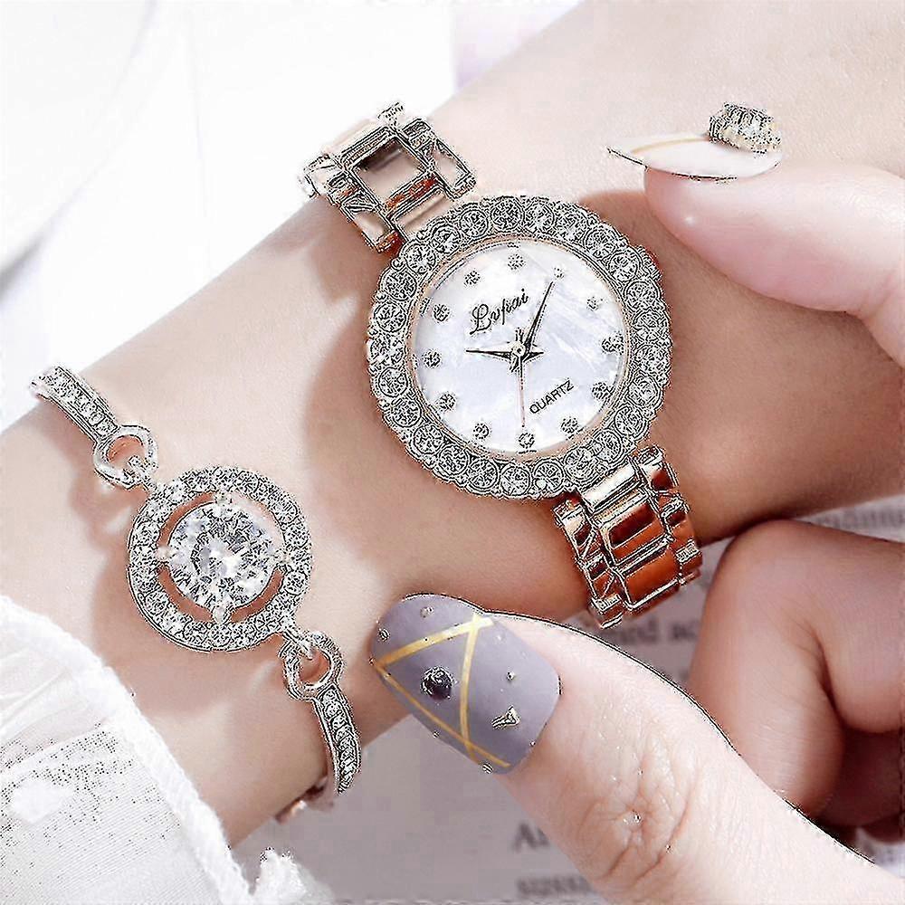 Women's Fashion Diamond Watch and Bracelet Two-Piece Set, Simple Quartz Watch Set, Rose Gold