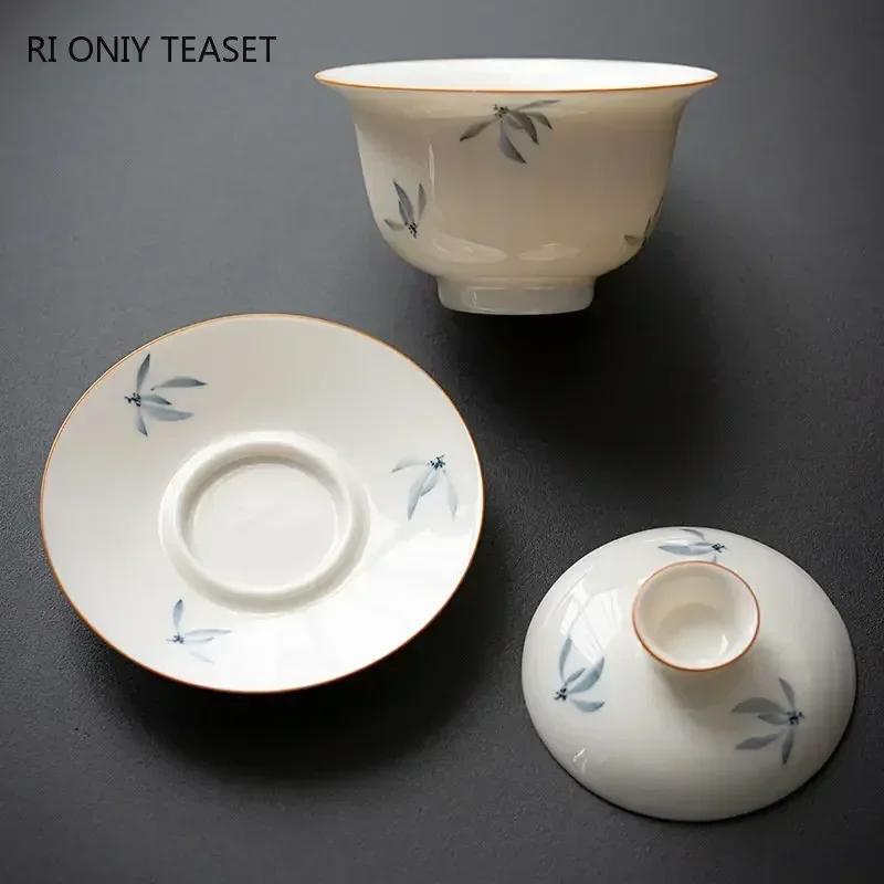 Chinese Hand Painted Orchid Ceramic Gaiwan Handmade Porcelain Teacup Travel Portable Tea Bowl Household Tea Set Teaware 160ml