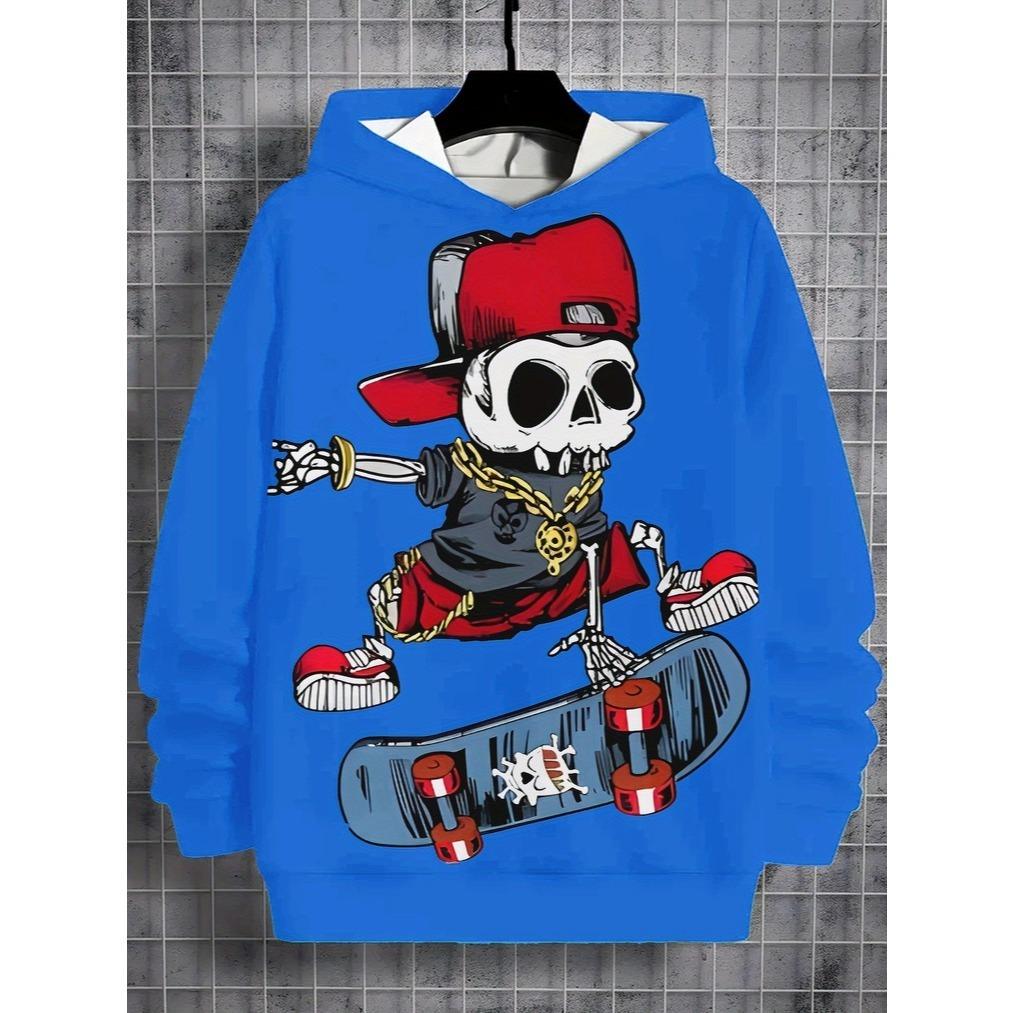 Boys' 3D printed hooded pullover - long sleeved casual sportswear, regular for autumn and winter outdoor activities