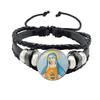 Virgin Mary Baby Jesus Christian Catholicism Jewelry Black Button Leather Bracelet Blessed Mother Religious Glass Cabochon Gift