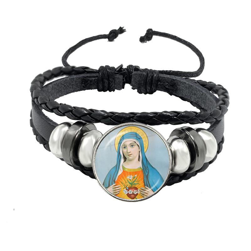 Virgin Mary Baby Jesus Christian Catholicism Jewelry Black Button Leather Bracelet Blessed Mother Religious Glass Cabochon Gift