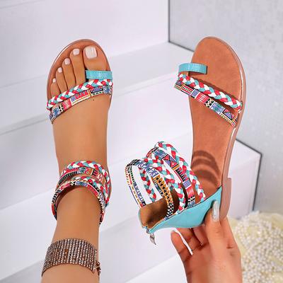 2025 neue Sommersandalen böhmischer ethnischer Stil bunte Patchwork-Römersandalen große Größe flache Sandalen Damen