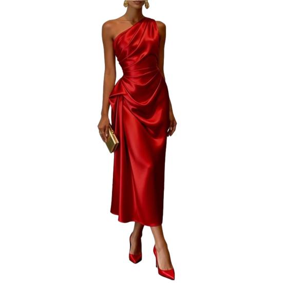 Women s One Shoulder Satin Prom Dress Summer Sleeveless Party Cocktail Midi Dress S красный