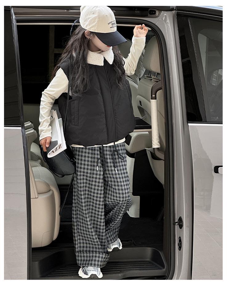 Ensemble Gilet en Coton d'Hiver 2025 pour Filles et Pantalon à Carreaux Doublé Polaire