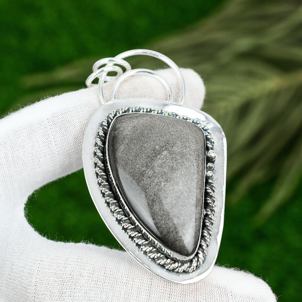 Sisters Day Deal Silver Sheen Obsidian Stone 925 Silver Anniversary Boho Pendant