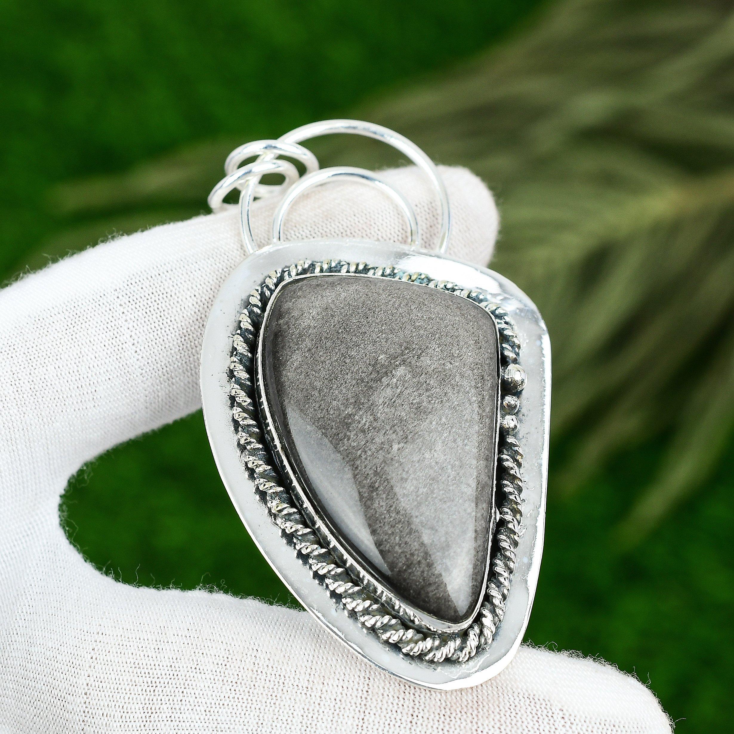 День сестер Сделка Серебристый обсидиан Камень Серебро 925 пробы Юбилейный Богемный Кулон