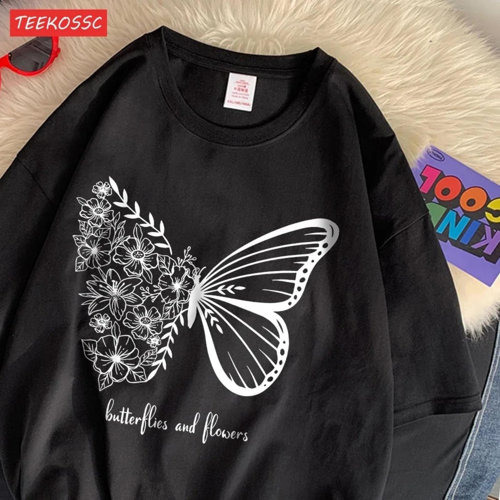 

Casual Womens T-Shirts Simple Butterflies and Flowers Printed Streetwear Soft Breathable Oversize Fashion Female Clothes S