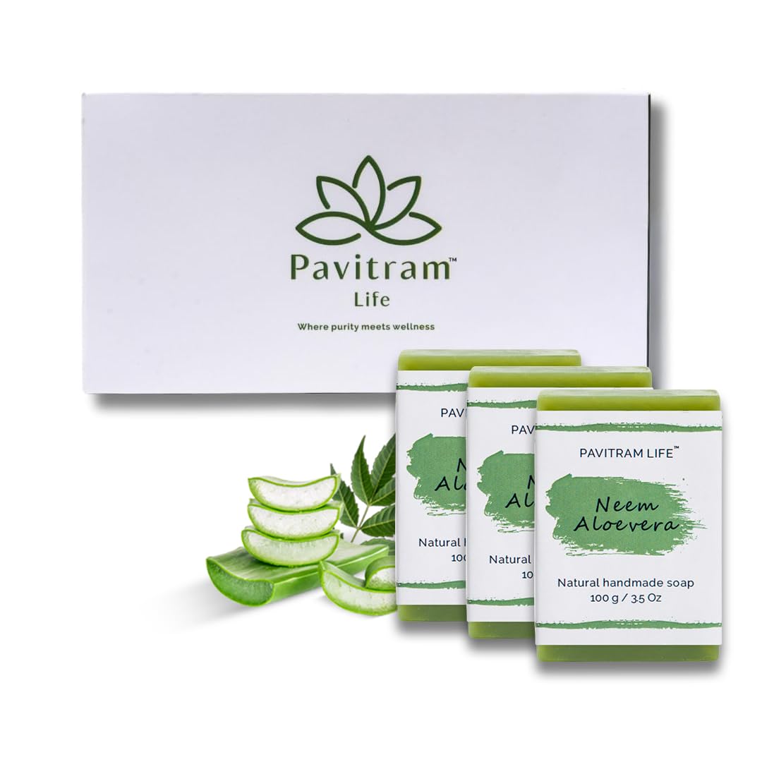 Pavitram Life Neem & Aloe Vera Natural Handmade Soap Pack of 3 (100g Each) | Ayurvedic Antibacterial Bathing Bar for Acne Pimples & Clear Glowing Sk