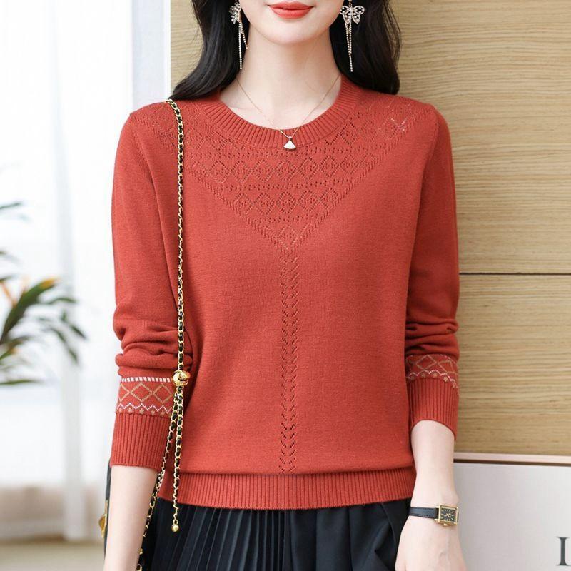 Thin Knitted Sweater Women's Spring Pullover Loose Version Fashion Mother Temperament Hollow Round Neck Long Sleeve Top Women's Front Shoulder