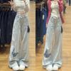 High-Waisted Straight Leg Denim Pants With Embroidered Butterfly Distressed Wash Loose Fit Streetwear Style