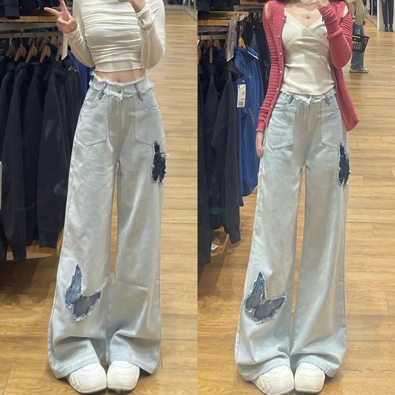 High-Waisted Straight Leg Denim Pants With Embroidered Butterfly Distressed Wash Loose Fit Streetwear Style