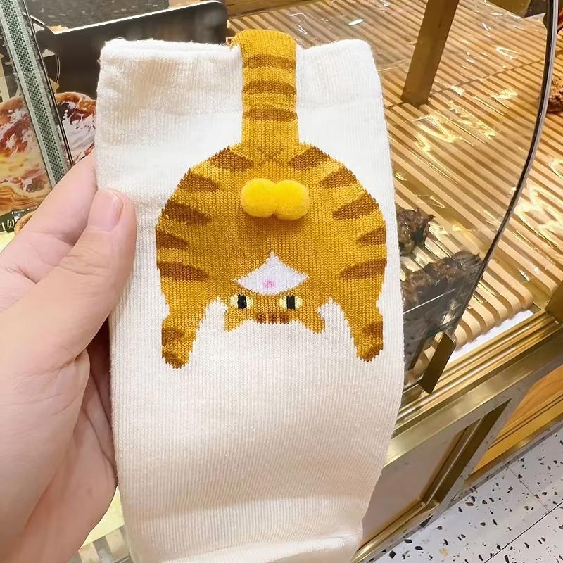 Cartoon Cat Egg Socks Soft Breathable Cute Mid Tube Cotton Socks 3D Cat Egg Balls Unique Design Trendy Funny