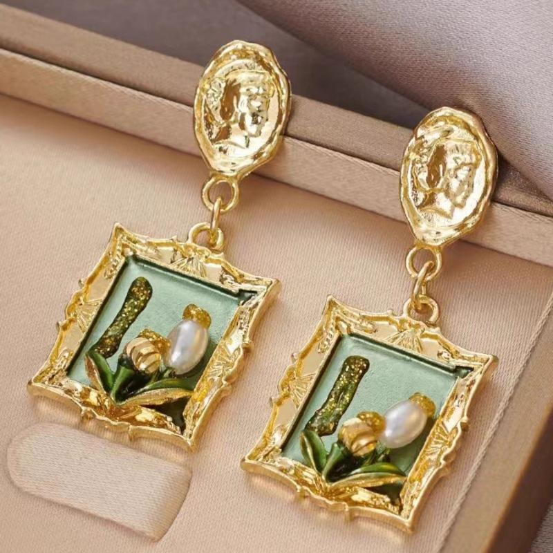 Luxus-Retro Grüne Ölmalerei Vintage Blumige Ohrstecker, Hofstil Ohrschmuck mit Perlen-Accessoires