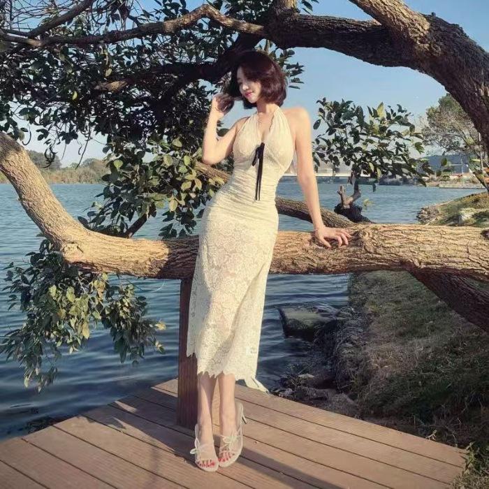 

[Original] Temperament gentle wind neck halter slim lace fishtail skirt women s spring and summer new sexy pure desire S