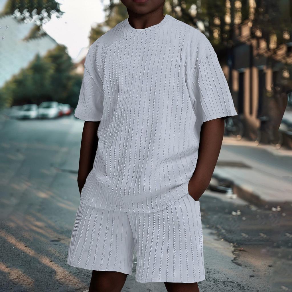 Children's 2 Piece Outfits Short Sleeve Crewneck Summer T Shirt And Drawstring Casual Track Shorts Set