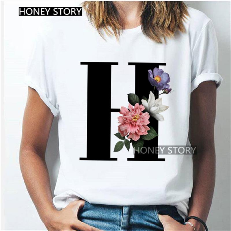 Kawaii English Alphabet Flowers Graphics Female T-Shirt 90S Summer Loose Short Sleeve Round Neck Female Tops Clothing