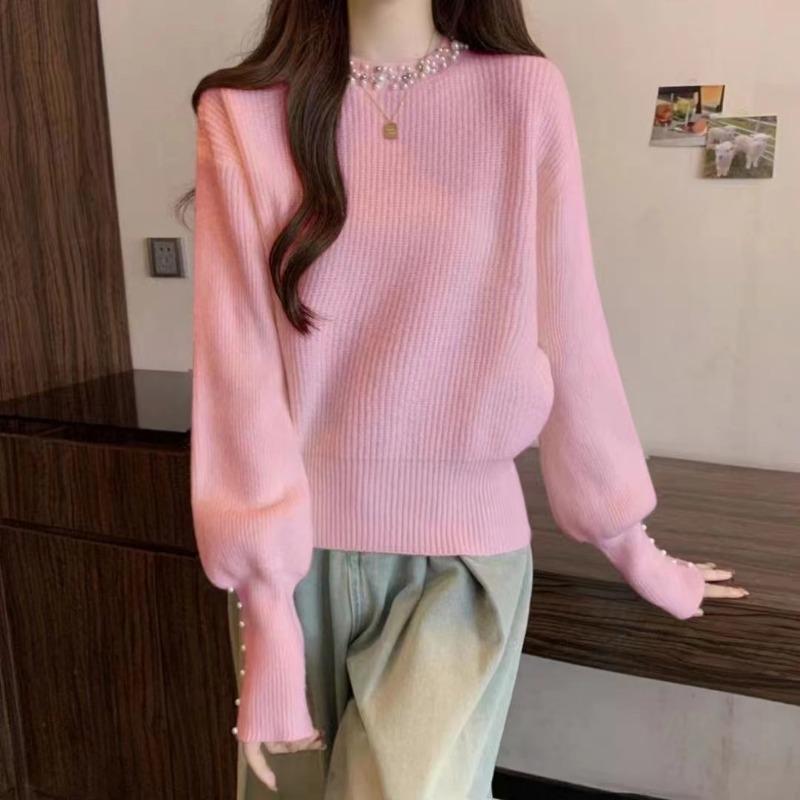 Autumn and Winter New Sweater Women's Temperament Elegant and Thin Heavy Industry Beaded Knitted Sweater Bottoming Top Tide