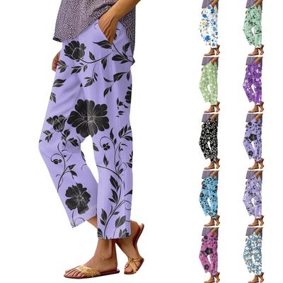 Damen Modische Hose mit Blumenmuster, gerades Bein, Tasche, elastischer Bund, lässige Hose