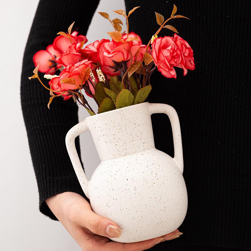 Retro Wabi-Sabi Double-Handled Ceramic Vase for Floral Arrangement