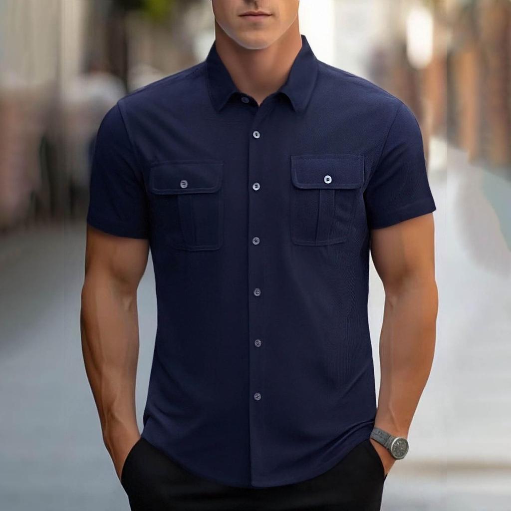 Men Short Sleeve Button Down Shirt with Dual Chest Pockets Classic Collar Casual Regular Fit Top for Everyday Wear