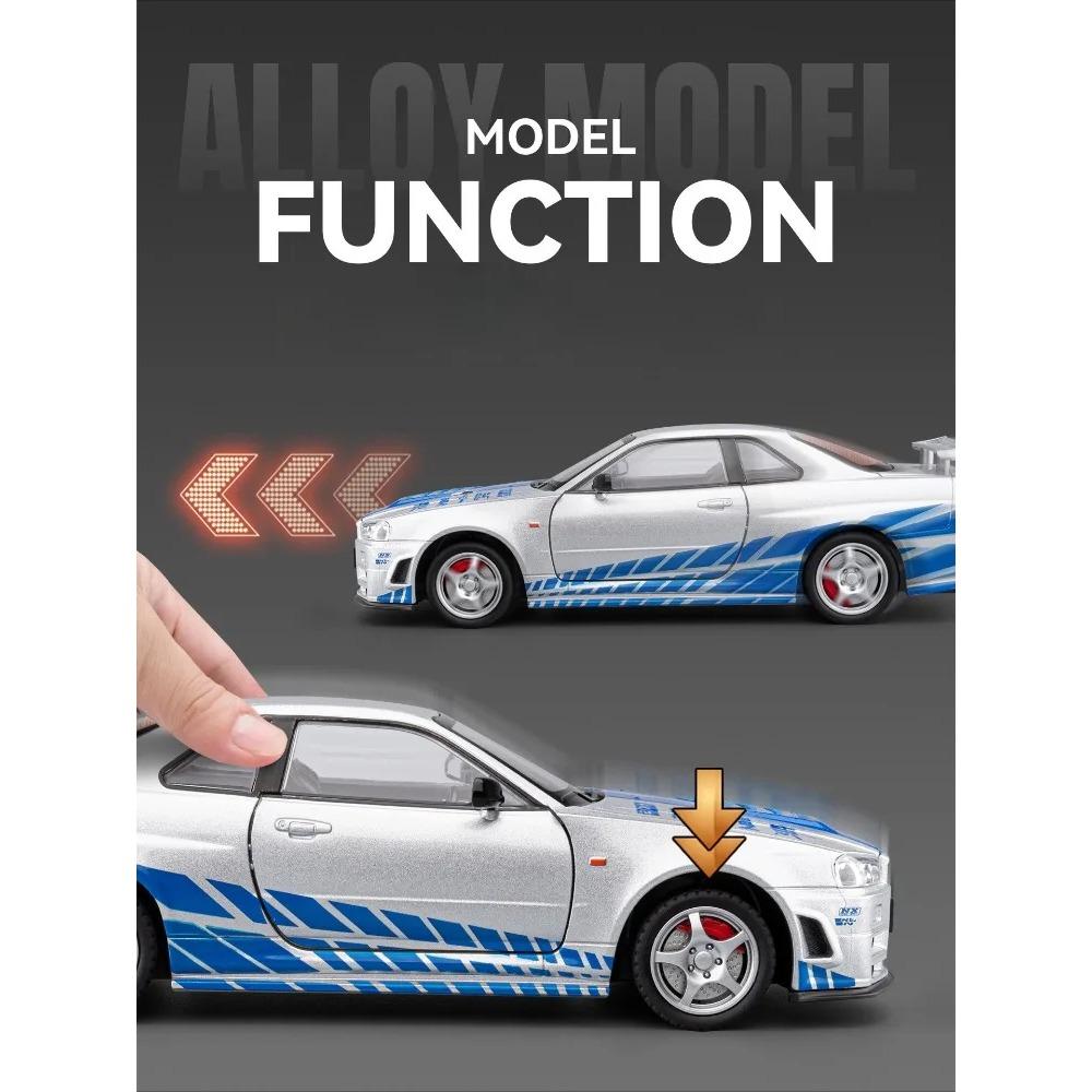 1/24 Skyline GTR R34 Static Diecast Car Sound Light Pull Back Detailed Rubber Tires Desktop Hobby Collectible Boys Gift