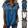 Cămăși Patchwork din Denim pentru Femei Guler Înalt Bluză Casual Mânecă Scurtă Tricou Confortabil Modă Primăvară Vară