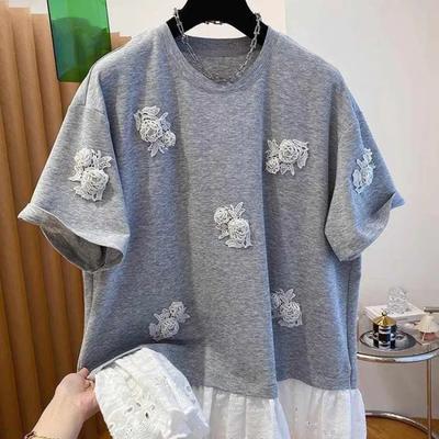 Summer New Design Round Neck Top Trendy Lace Splicing Beading Korean Style Short Sleeves