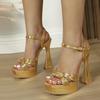 Fashion Summer Gold Super High Heeled Sandals Women 2025 Sexy Open Toe Narrow Strap Chunky Platform Sandals Elegant Banquet Dress Heels