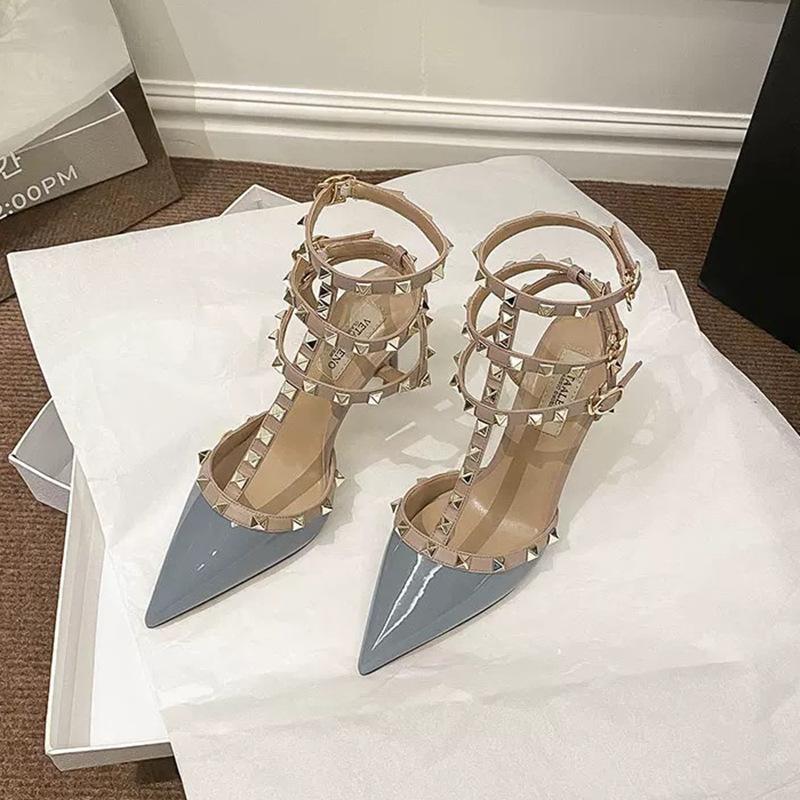 Naked patent leather rivets pointed high heels new three-ring one-word buckle with willow stiletto bag head sandals summer