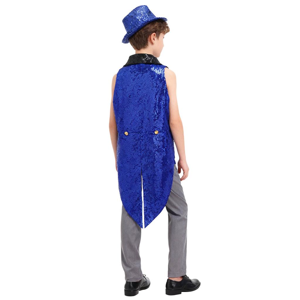 Kids Sequins Medieval Vest Victorian Tailcoat Lapel V Neck Front Zip Vest Solid Sequins Fedora Hat Circus Outfit