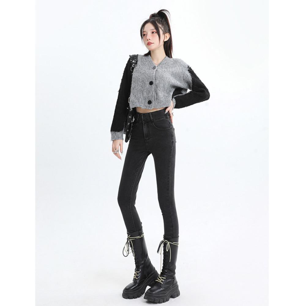 Double-breasted jeans women's 2025 new autumn and winter design tight elastic pencil small-footed jeans