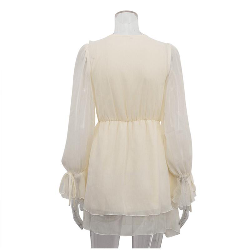 Summer Women Solid Color Pleated Dress Elegant Ruffles V-neck Long Sleeve Mini Dress Fashion Female Fold Casual Beach Party Dress
