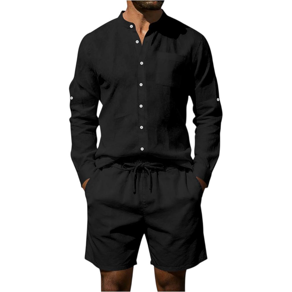 Men's American- Linen Casual Set Loose Long-sleeve Shirt And Shorts Set