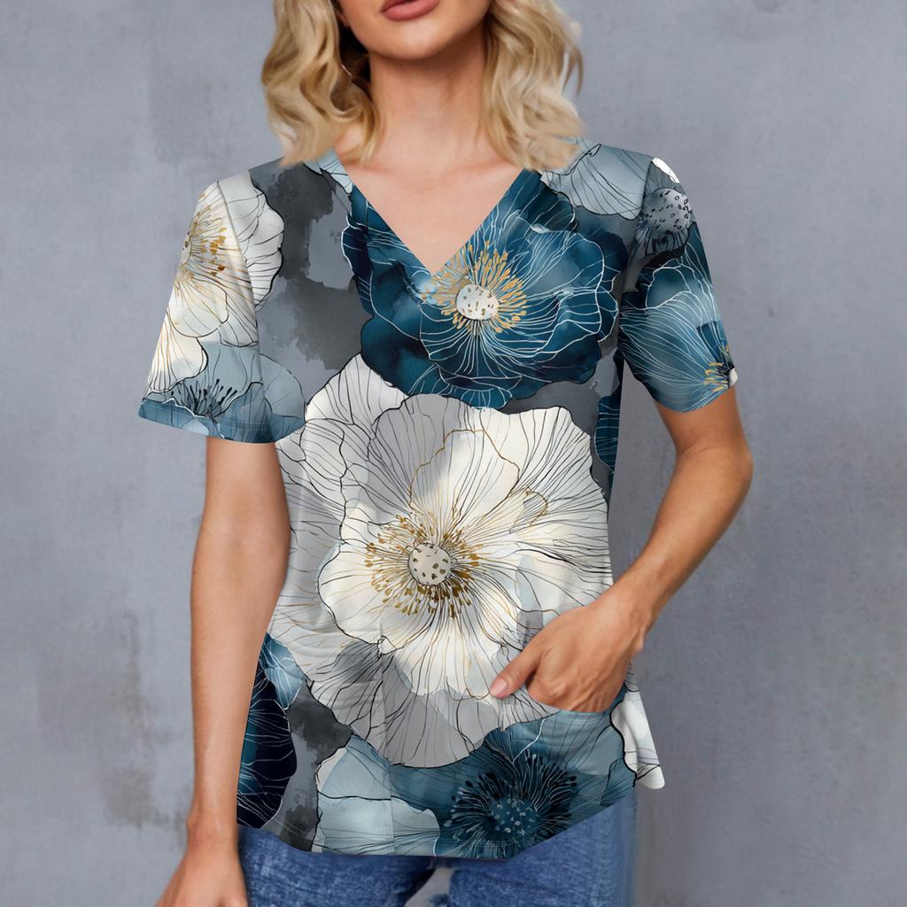 Women's Retro Printed V-Neck Double Pocket Short Sleeves Hem Slit Uniform Caregiver Top