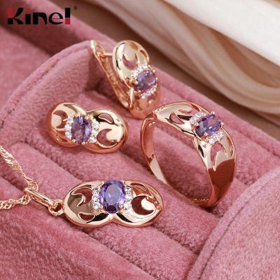 Kinel-Conjunto de joyería fina de circonita Natural púrpura, conjunto de collar, pendientes y anillo de Color oro rosa Vintage