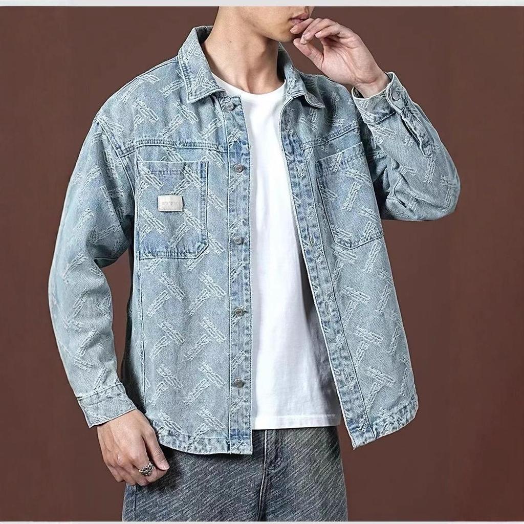 Men's Retro Washed Jacquard Denim Jacket - Spring & Autumn Trend