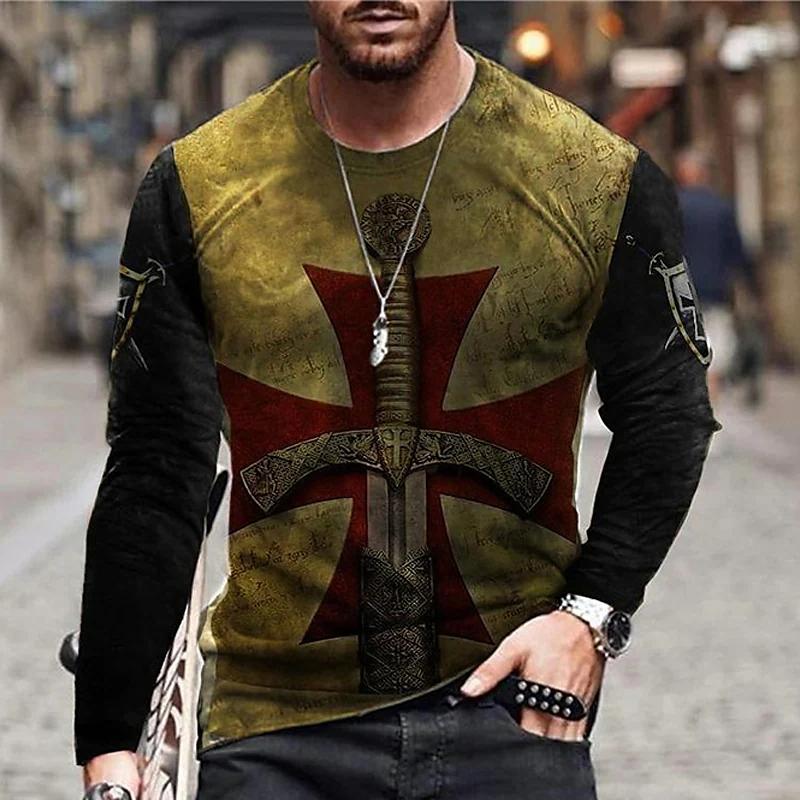 Spring Vintage Print Men T-Shirts Samurai Pattern Knights Templar 3D Tees Top Streetwear Autumn Long Sleeve Oversized Women Pullover