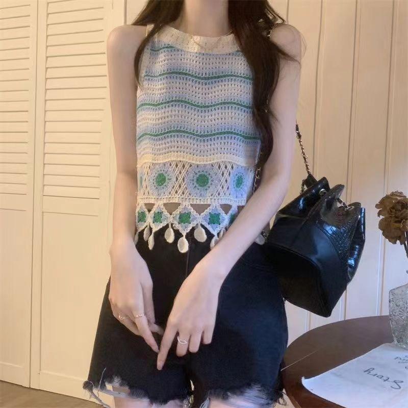 Hollow Flower Embroidery Knitted Crochet Camisole Summer Women's Retro Ethnic Design Tassel Short Top