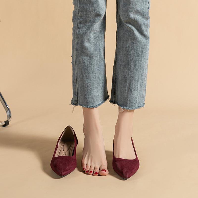 Spring and Autumn Women's Large Shoes High Heels Solid Color Knitted Breathable Rubber Non Slip Sole Latex Insole Work Shoe