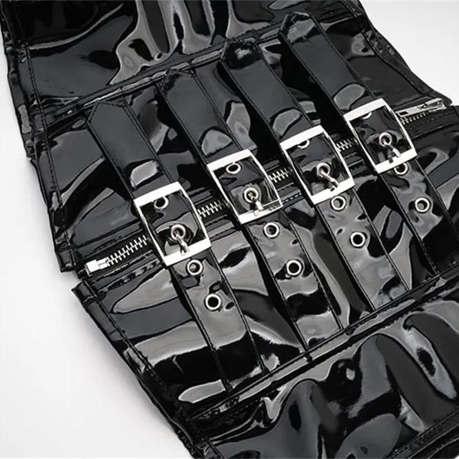 European PU Leather Zipper Tie Waist Corset Bodysuit