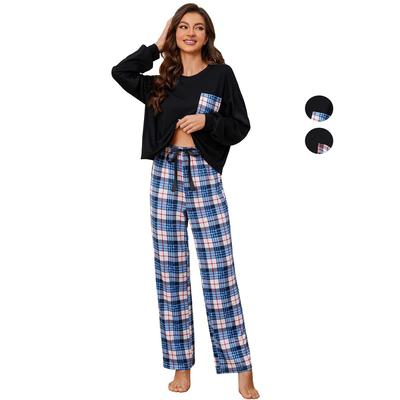 Women’s Sleeping Suits Plaid Pants Long Sleeves Shirts 2 Piece Set Pajamas Spring Autumn Casual Home Clothing