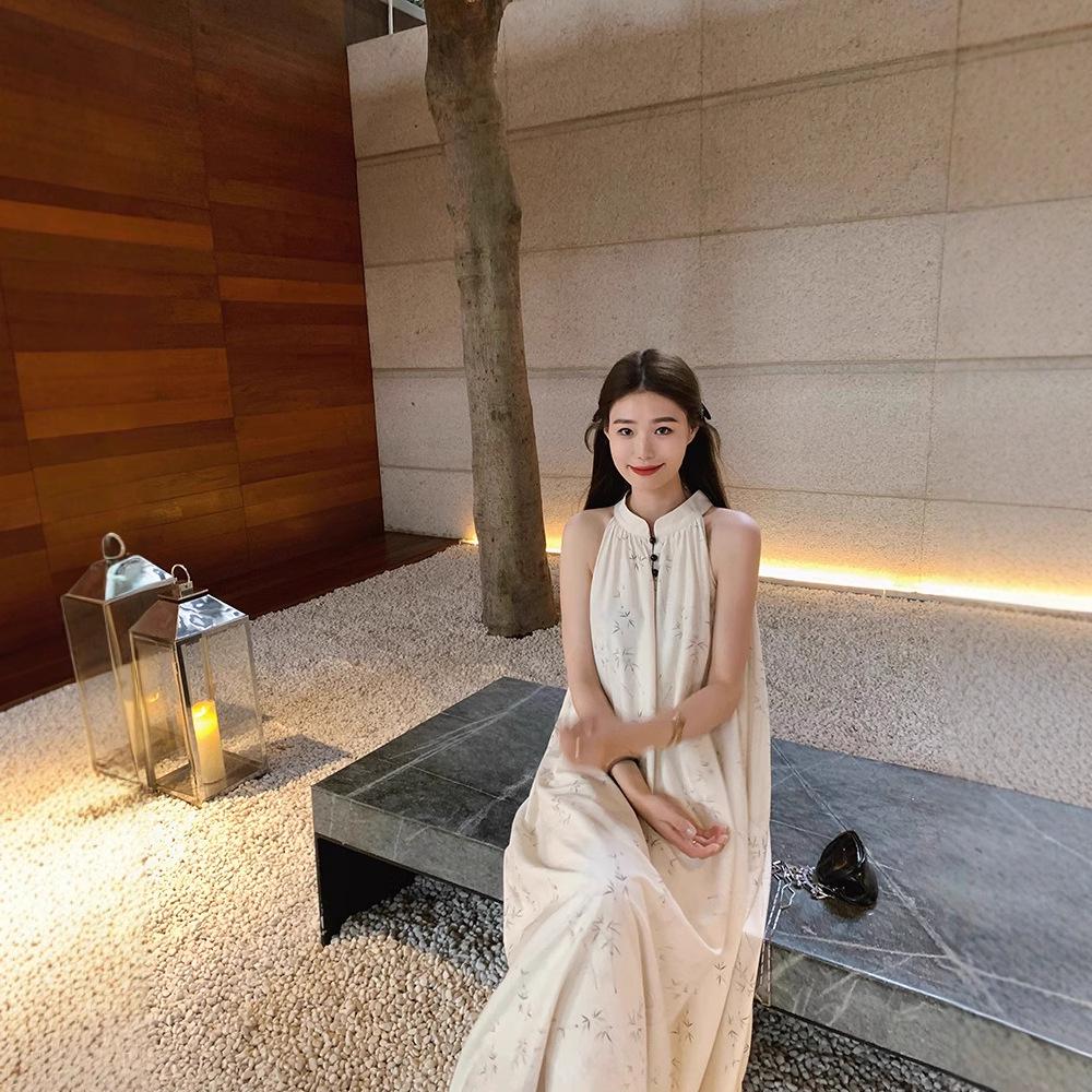 Retro Chinese Halter Sleeveless Summer Dress for Women - Slimming, Loose, Vacation-Ready