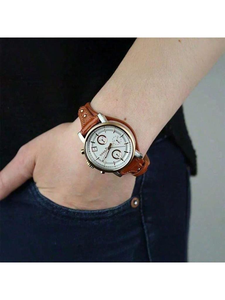 ES3837 Boyfriend Serie Chronograaf Horloge met Bruine Band en Zilveren Wijzerplaat