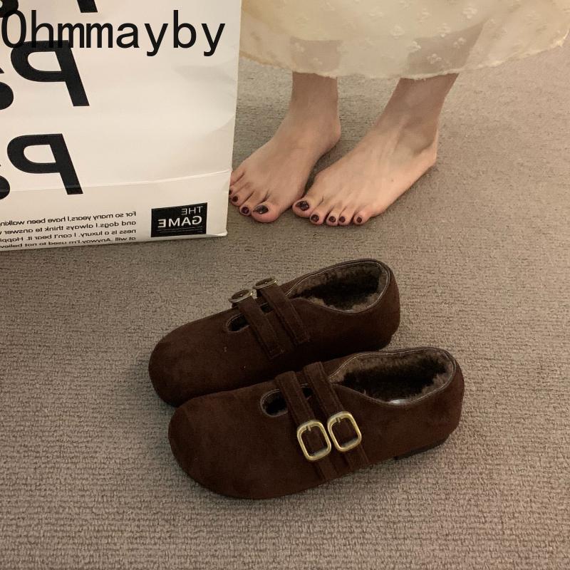 Warm Cotton Women Ballet Flats Comfort Soft Sole Short Plush Mary Jane Shoes Outdoor Grandma's shoes For Autumn Winter