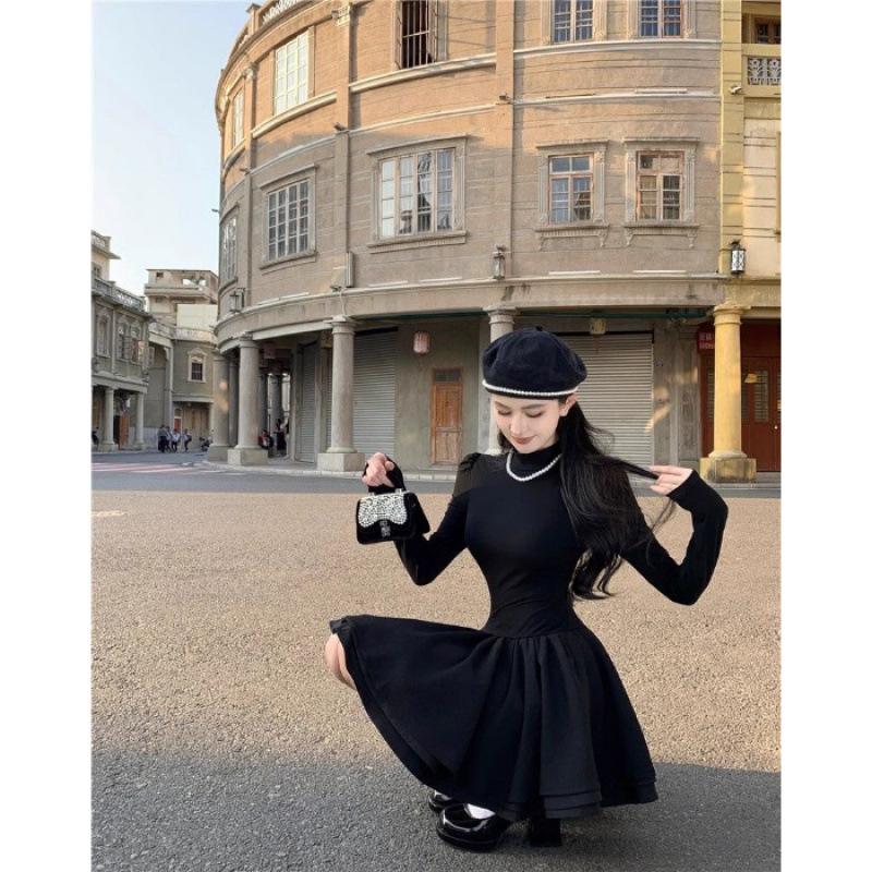 Temperament little black dress princess long-sleeved dress women s new coat with semi-turtleneck skirt inside S