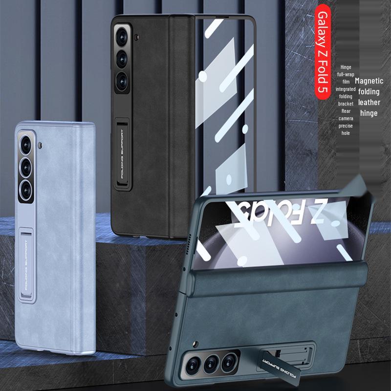 Samsung Z Fold5 Leather Case: Magnetic Hinge, Full Coverage, Stand, Cross-Border Protection