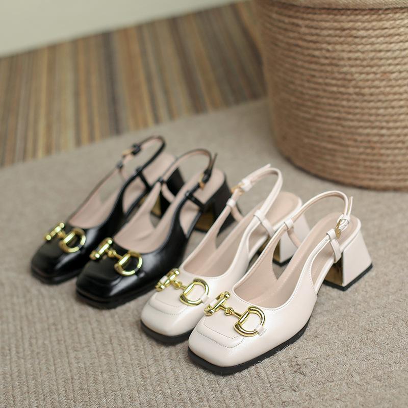 

Новые кожаные сандалии с открытым носком Backspace, женские элегантные туфли на высоком каблуке с металлической пряжкой и квадратным носком на толстом каблуке