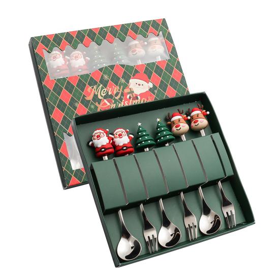 Christmas Spoon Cutlery Set Stainless Steel Xmas Dinner Forks Dessert Fruit Ice Cream Tea Cake Forks Doll Tableware Gift Box Christmas Party Supply